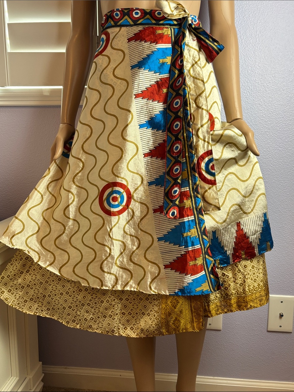 Upcycled Saree Silk Wraparound Midi Skirt Tribal Vibe Rich Brocade Accents